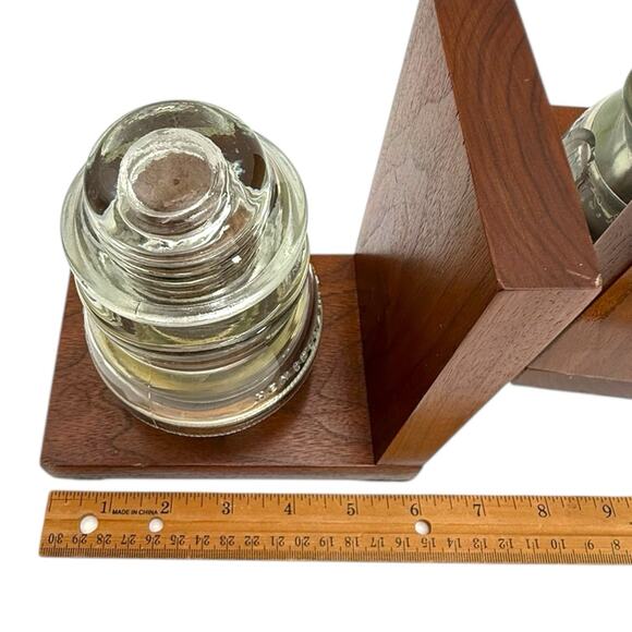Clear Glass Insulator On Wood Bookends Very Heavy READ Vtg Lineman Electrician - Picture 10 of 14